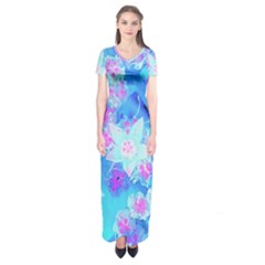 Blue And Hot Pink Succulent Underwater Sedum Short Sleeve Maxi Dress by myrubiogarden