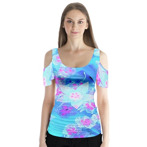 Blue And Hot Pink Succulent Underwater Sedum Butterfly Sleeve Cutout Tee  by myrubiogarden