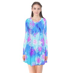 Blue And Hot Pink Succulent Underwater Sedum Long Sleeve V-neck Flare Dress by myrubiogarden
