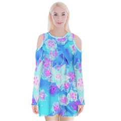 Blue And Hot Pink Succulent Underwater Sedum Velvet Long Sleeve Shoulder Cutout Dress