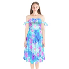 Blue And Hot Pink Succulent Underwater Sedum Shoulder Tie Bardot Midi Dress by myrubiogarden