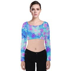 Blue And Hot Pink Succulent Underwater Sedum Velvet Long Sleeve Crop Top by myrubiogarden