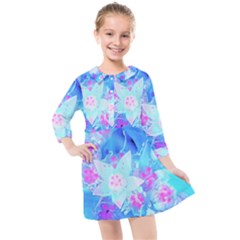 Blue And Hot Pink Succulent Underwater Sedum Kids  Quarter Sleeve Shirt Dress by myrubiogarden