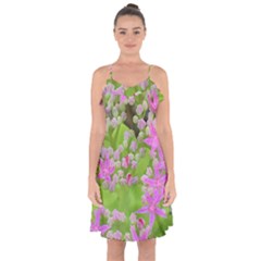 Hot Pink Succulent Sedum With Fleshy Green Leaves Ruffle Detail Chiffon Dress