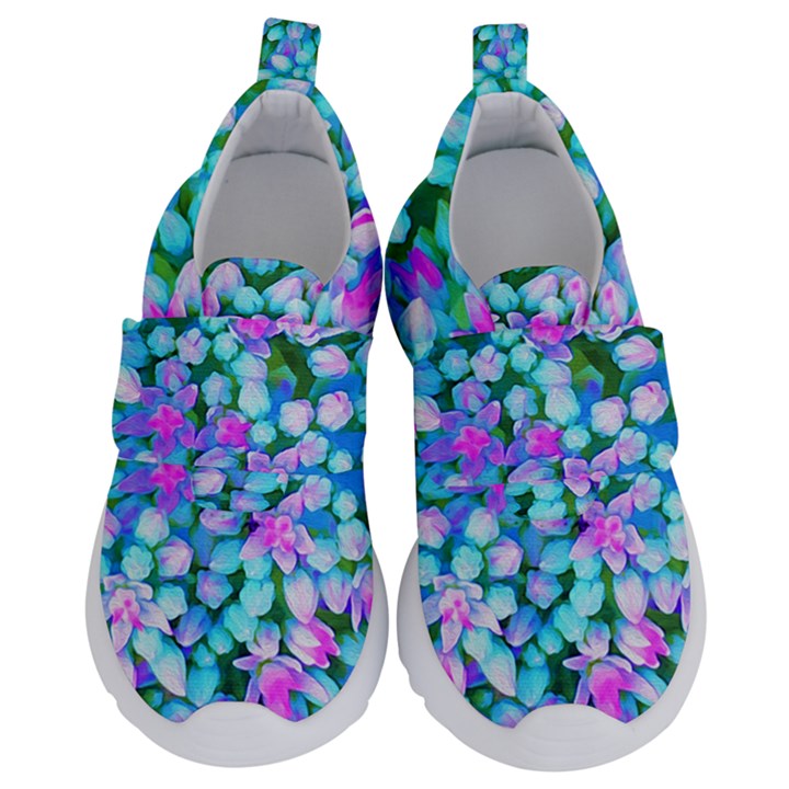 Blue And Hot Pink Succulent Sedum Flowers Detail Velcro Strap Shoes