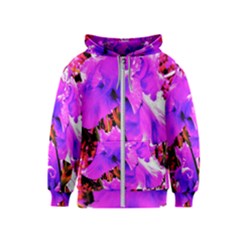 Abstract Ultra Violet Purple Iris On Red And Pink Kids  Zipper Hoodie by myrubiogarden