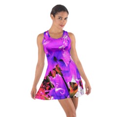 Abstract Ultra Violet Purple Iris On Red And Pink Cotton Racerback Dress by myrubiogarden