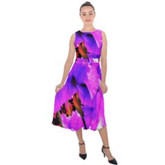 Abstract Ultra Violet Purple Iris On Red And Pink Midi Tie-back Chiffon Dress