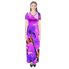 Abstract Ultra Violet Purple Iris On Red And Pink Short Sleeve Maxi Dress by myrubiogarden