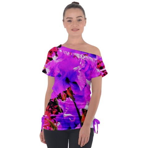 Abstract Ultra Violet Purple Iris On Red And Pink Tie-up Tee by myrubiogarden