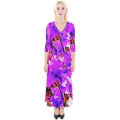 Abstract Ultra Violet Purple Iris On Red And Pink Quarter Sleeve Wrap Maxi Dress by myrubiogarden