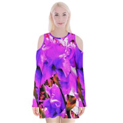 Abstract Ultra Violet Purple Iris On Red And Pink Velvet Long Sleeve Shoulder Cutout Dress by myrubiogarden