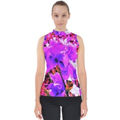 Abstract Ultra Violet Purple Iris On Red And Pink Mock Neck Shell Top