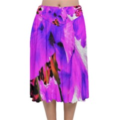 Abstract Ultra Violet Purple Iris On Red And Pink Velvet Flared Midi Skirt by myrubiogarden