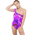 Abstract Ultra Violet Purple Iris On Red And Pink Frilly One Shoulder Swimsuit View1