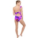 Abstract Ultra Violet Purple Iris On Red And Pink Frilly One Shoulder Swimsuit View2