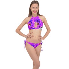 Abstract Ultra Violet Purple Iris On Red And Pink Cross Front Halter Bikini Set by myrubiogarden