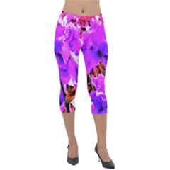 Abstract Ultra Violet Purple Iris On Red And Pink Lightweight Velour Capri Leggings  by myrubiogarden