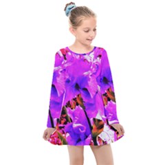 Abstract Ultra Violet Purple Iris On Red And Pink Kids  Long Sleeve Dress