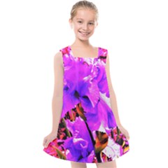 Abstract Ultra Violet Purple Iris On Red And Pink Kids  Cross Back Dress by myrubiogarden