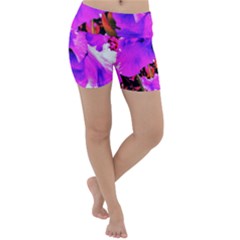 Abstract Ultra Violet Purple Iris On Red And Pink Lightweight Velour Yoga Shorts by myrubiogarden