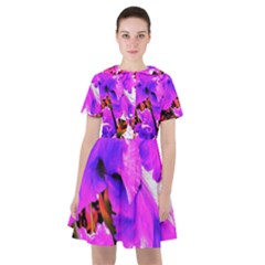 Abstract Ultra Violet Purple Iris On Red And Pink Sailor Dress by myrubiogarden