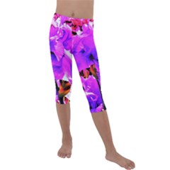 Abstract Ultra Violet Purple Iris On Red And Pink Kids  Lightweight Velour Capri Leggings  by myrubiogarden