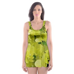 Elegant Chartreuse Green Limelight Hydrangea Macro Skater Dress Swimsuit by myrubiogarden