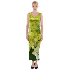 Elegant Chartreuse Green Limelight Hydrangea Macro Fitted Maxi Dress by myrubiogarden