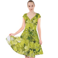 Elegant Chartreuse Green Limelight Hydrangea Macro Cap Sleeve Front Wrap Midi Dress by myrubiogarden