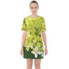 Elegant Chartreuse Green Limelight Hydrangea Macro Sixties Short Sleeve Mini Dress by myrubiogarden