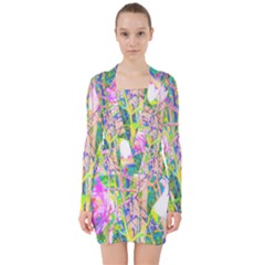 Abstract Oriental Lilies In My Rubio Garden V-neck Bodycon Long Sleeve Dress by myrubiogarden