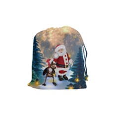 Merry Christmas, Santa Claus With Funny Cockroach In The Night Drawstring Pouch (medium)