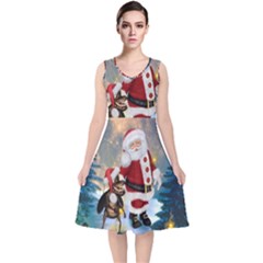 Merry Christmas, Santa Claus With Funny Cockroach In The Night V-neck Midi Sleeveless Dress 