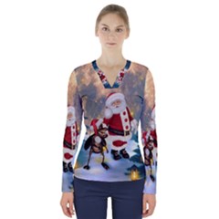 Merry Christmas, Santa Claus With Funny Cockroach In The Night V-neck Long Sleeve Top by FantasyWorld7