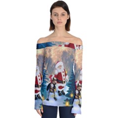 Merry Christmas, Santa Claus With Funny Cockroach In The Night Off Shoulder Long Sleeve Top by FantasyWorld7