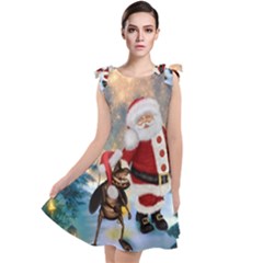 Merry Christmas, Santa Claus With Funny Cockroach In The Night Tie Up Tunic Dress by FantasyWorld7