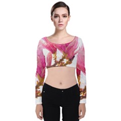 Wild Magnolia Flower, Watercolor Art Velvet Long Sleeve Crop Top by picsaspassion