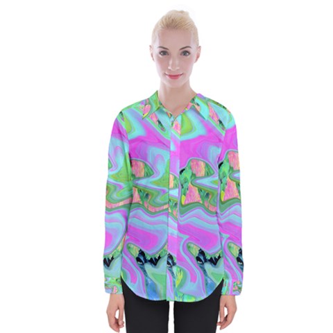 Retro Pink And Light Blue Liquid Art On Hydrangea Garden Womens Long Sleeve Shirt by myrubiogarden