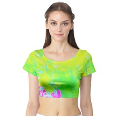 Fluorescent Yellow And Pink Abstract Garden Foliage Short Sleeve Crop Top by myrubiogarden