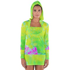 Fluorescent Yellow And Pink Abstract Garden Foliage Long Sleeve Hooded T-shirt by myrubiogarden