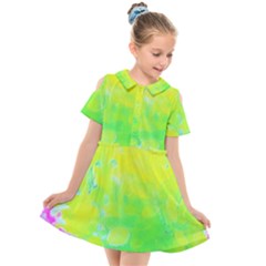 Fluorescent Yellow And Pink Abstract Garden Foliage Kids  Short Sleeve Shirt Dress