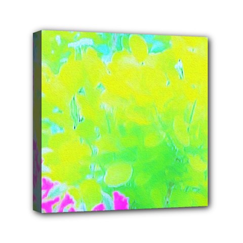 Fluorescent Yellow And Pink Abstract Garden Foliage Mini Canvas 6  X 6  (stretched) by myrubiogarden