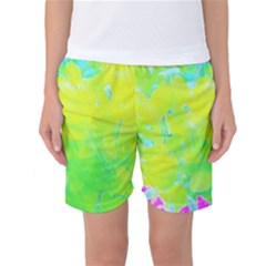 Fluorescent Yellow And Pink Abstract Garden Foliage Women s Basketball Shorts by myrubiogarden