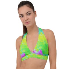 Fluorescent Yellow And Pink Abstract Garden Foliage Halter Plunge Bikini Top by myrubiogarden