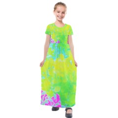 Fluorescent Yellow And Pink Abstract Garden Foliage Kids  Short Sleeve Maxi Dress by myrubiogarden