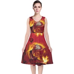 Wonderful Fairy Of The Fire With Fire Birds V-neck Midi Sleeveless Dress 