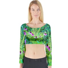 Purple Coneflower Garden With Tiger Eye Tree Long Sleeve Crop Top by myrubiogarden