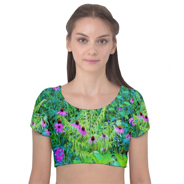 Purple Coneflower Garden With Tiger Eye Tree Velvet Short Sleeve Crop Top 