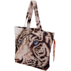 White Tiger Drawstring Tote Bag by ArtByThree